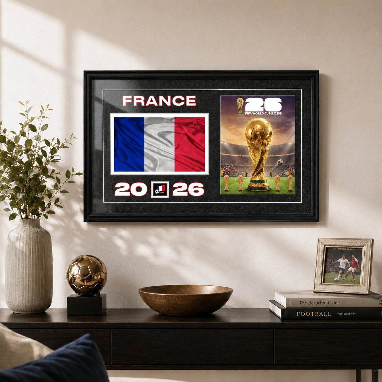 Team France 2026 World Cup Flag & Trophy Framed Print 15x24 — Wall-mounted lifestyle in a clean modern living room