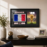 Team France 2026 World Cup Flag & Trophy Framed Print 15x24 — Wall-mounted lifestyle in a clean modern living room