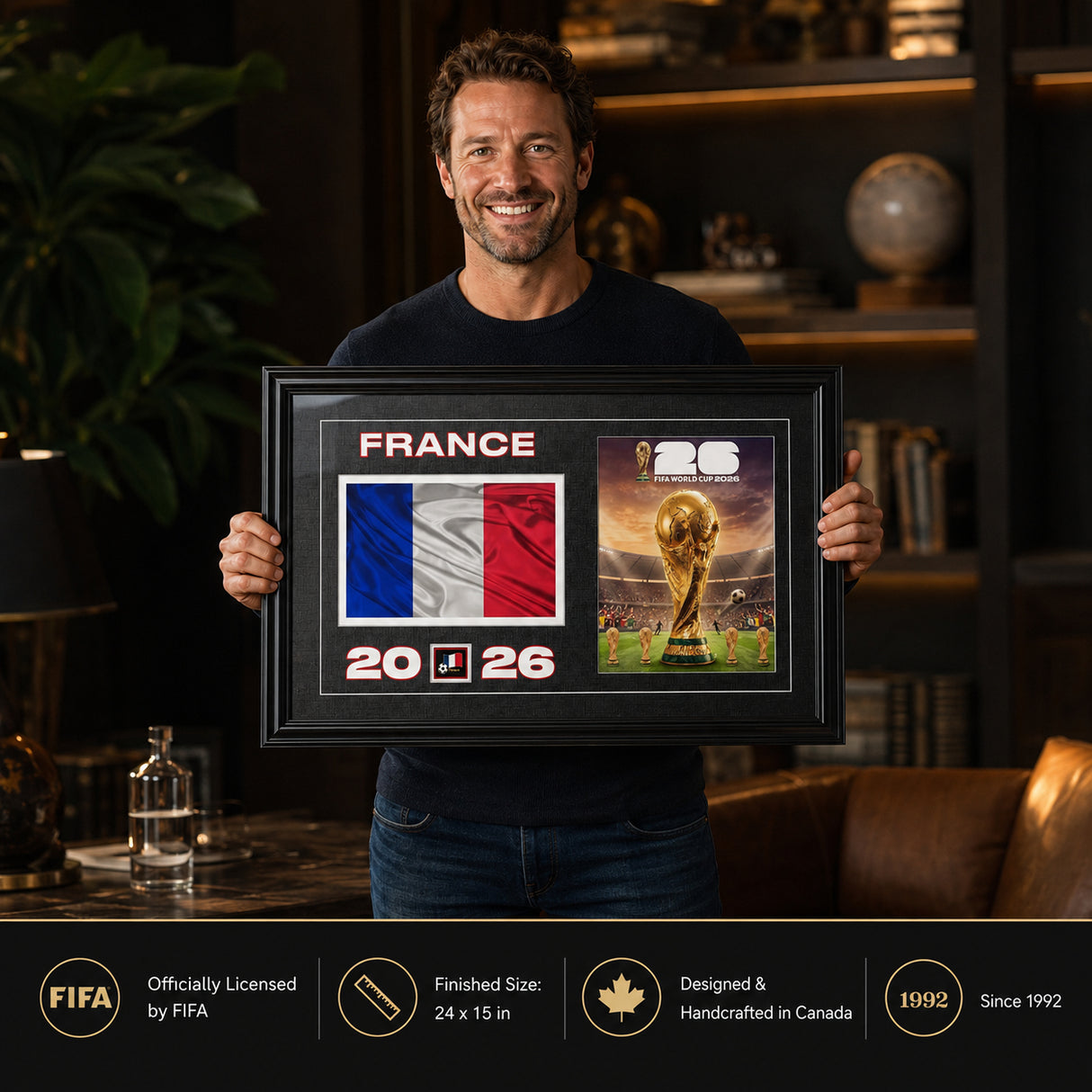 Team France 2026 World Cup Flag & Trophy Framed Print 15x24 — Held in hand showing scale and detail