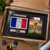 Team France 2026 World Cup Flag & Trophy Framed Print 15x24 — Unboxing presentation in shipping packaging