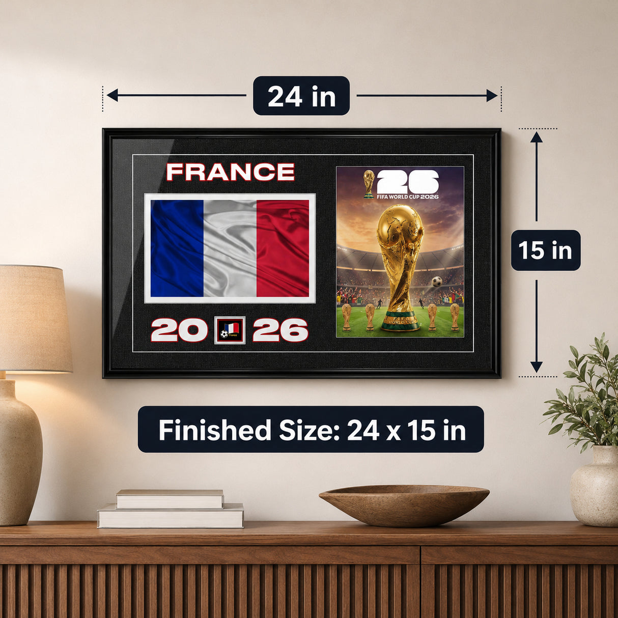 Team France 2026 World Cup Flag & Trophy Framed Print 15x24 — Finished size 24 by 15 inches