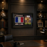 Team France 2026 World Cup Flag & Trophy Framed Print 15x24 — Displayed in a fan cave with mood lighting