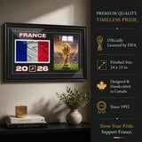Team France 2026 World Cup Flag & Trophy Framed Print 15x24 — Hero image with dimensions and finish callouts