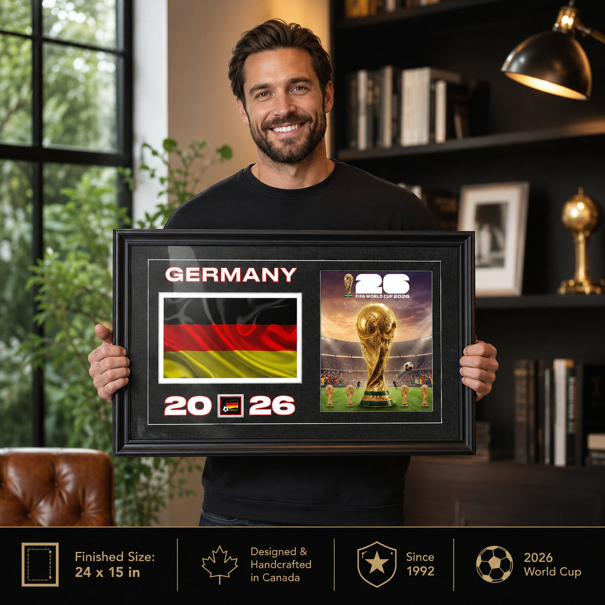 Team Germany 2026 World Cup Flag & Trophy Framed Print 15x24 — Held in hand showing scale and detail