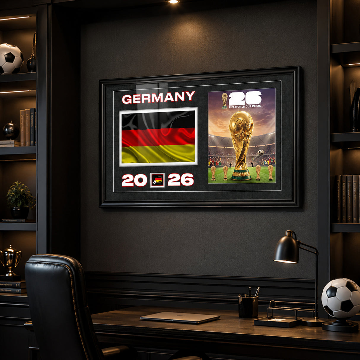 Team Germany 2026 World Cup Flag & Trophy Framed Print 15x24 — Displayed in a fan cave with mood lighting