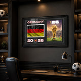 Team Germany 2026 World Cup Flag & Trophy Framed Print 15x24 — Displayed in a fan cave with mood lighting