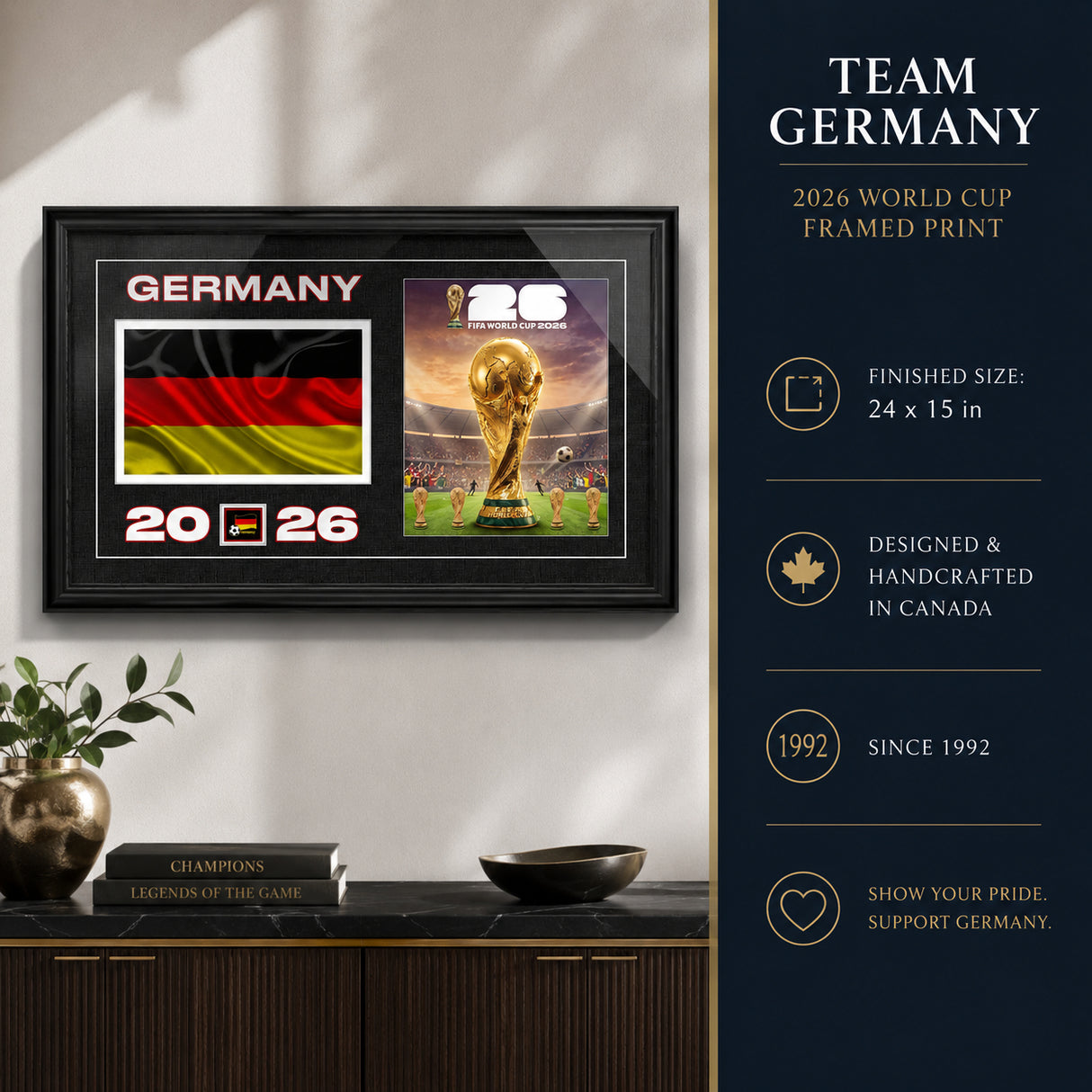Team Germany 2026 World Cup Flag & Trophy Framed Print 15x24 — Hero image with dimensions and finish callouts