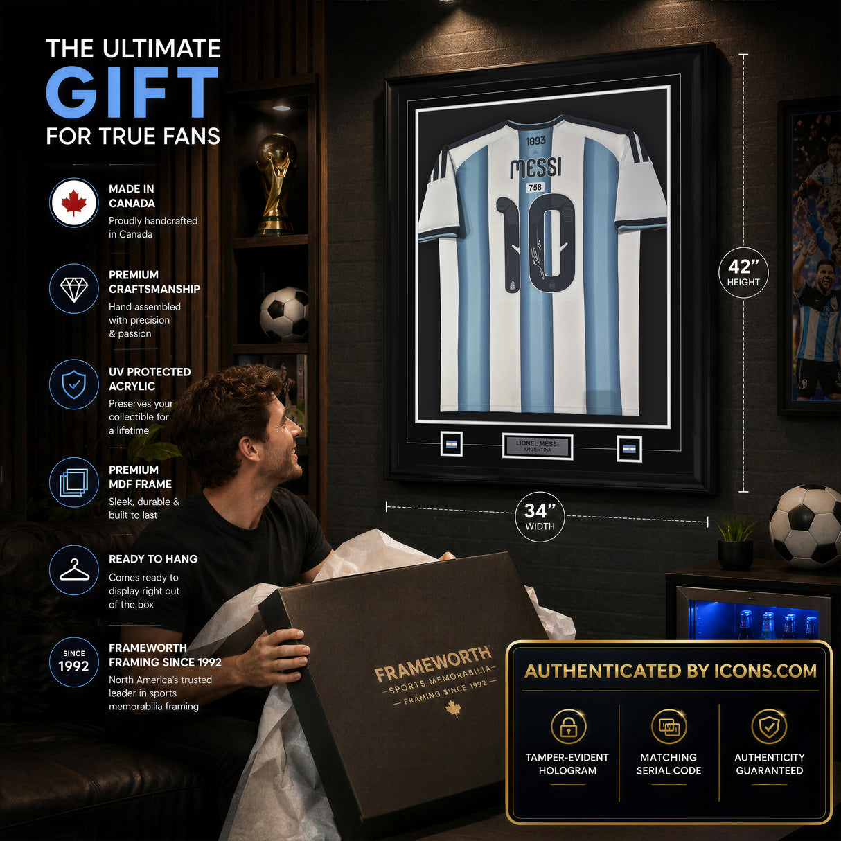 Lionel Messi signed framed Argentina jersey — features and Icons.com authentication