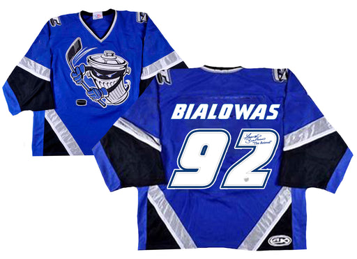 Frank Bialowas Signed Danbury Trashers Blue Game Model Jersey - Frameworth Sports Canada 