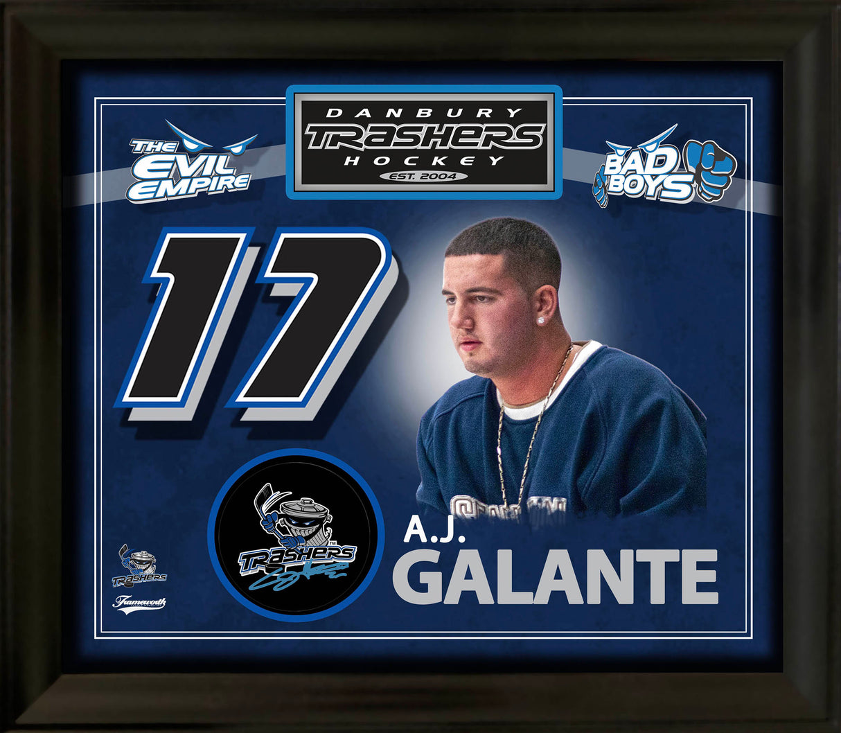 AJ Galante Signed Framed Danbury Trashers Puck - Frameworth Sports Canada 