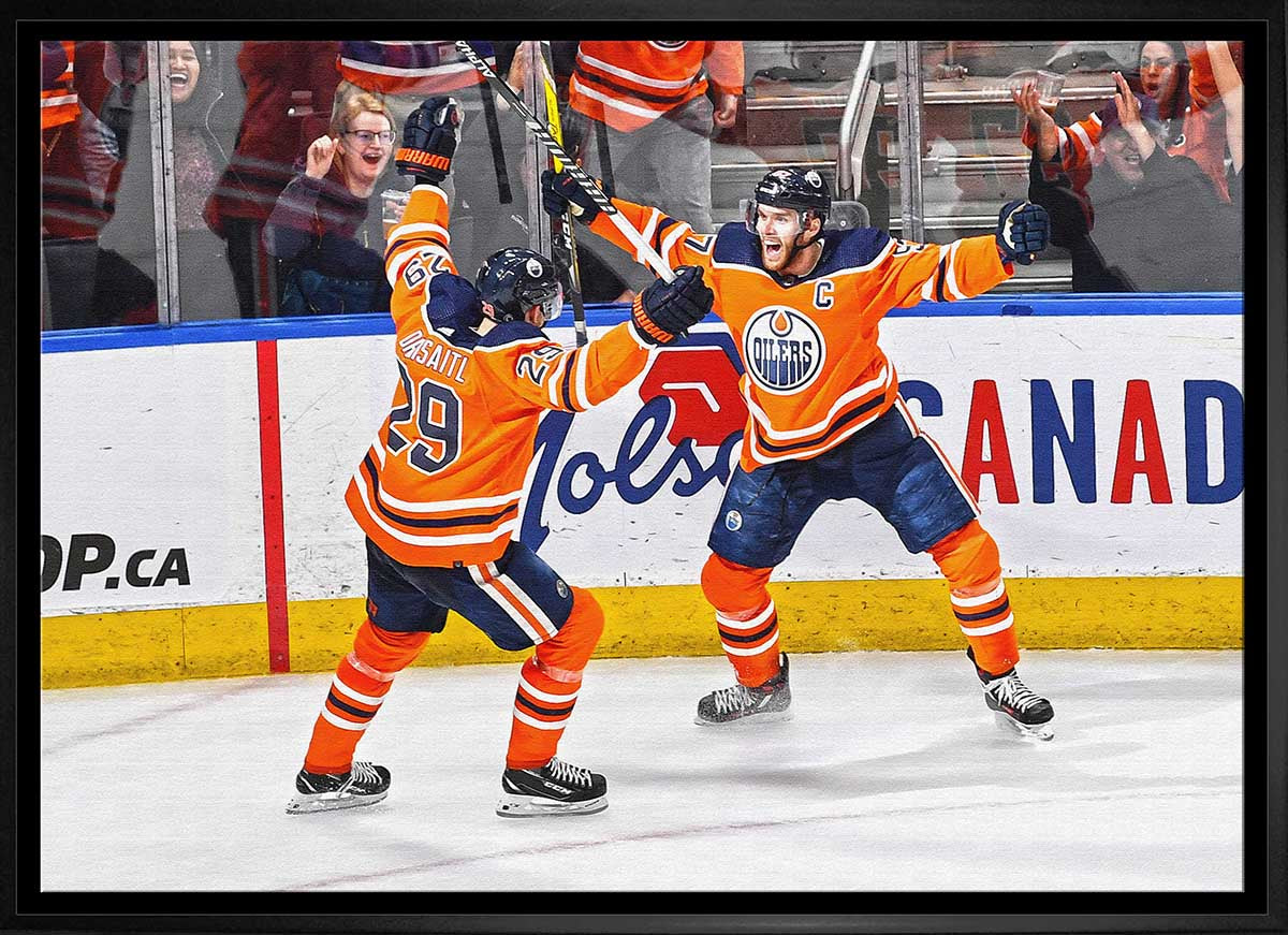 Leon Draisaitl and Connor McDavid 20x29 Framed Canvas Oilers Celebration-H