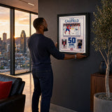 Cole Caufield 50 Goal frame on a Montreal downtown condo wall