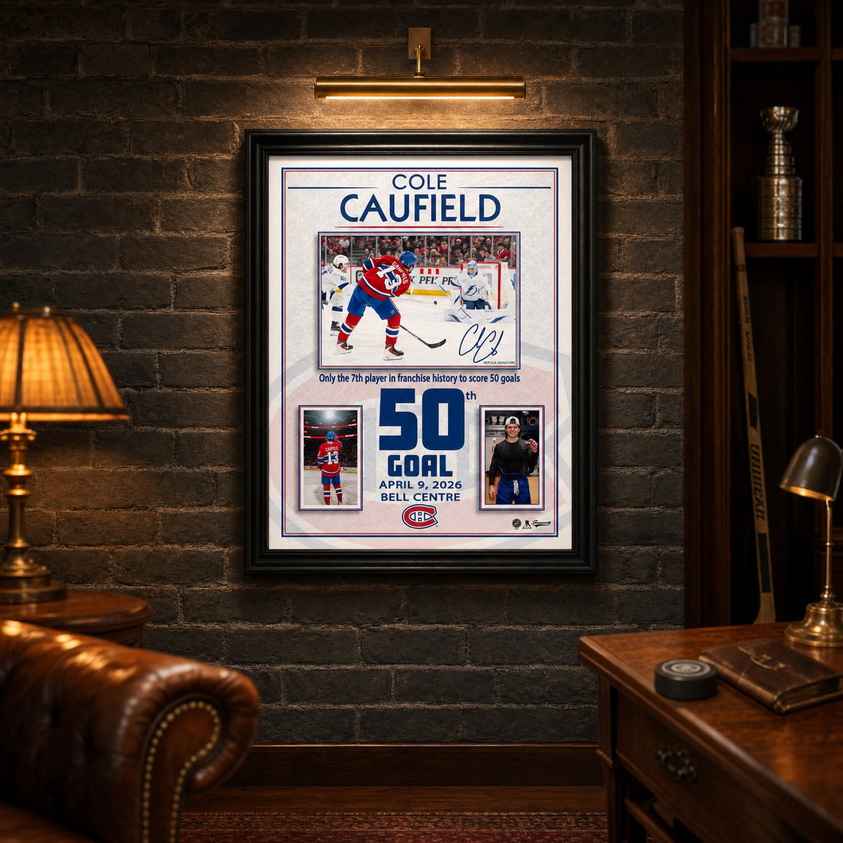 Cole Caufield 50 Goal frame in a Habs collector trophy-room display
