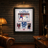 Cole Caufield 50 Goal frame in a Habs collector trophy-room display