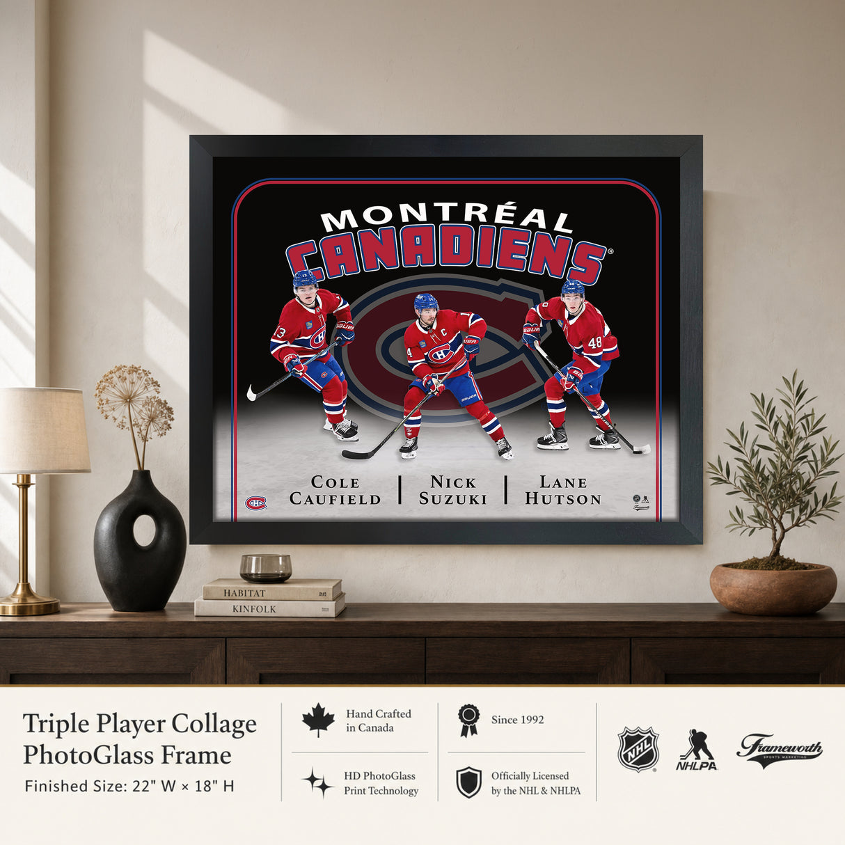 Montreal Canadiens Triple Player Collage PhotoGlass frame wall installation lifestyle image