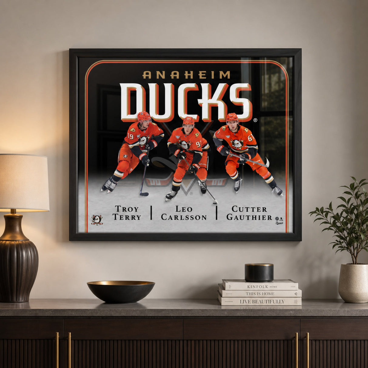 Anaheim Ducks Triple Player Collage Frame on clean wall above dark sideboard – Frameworth