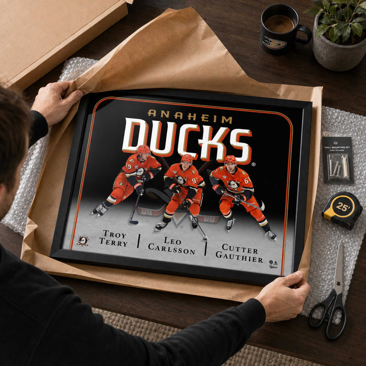 Unboxing Anaheim Ducks Triple Player Collage Frame from Frameworth shipping box with mounting kit – Frameworth
