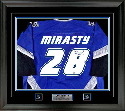 Jon Mirasty Signed Framed Danbury Trashers Blue Game Model Jersey - Frameworth Sports Canada 