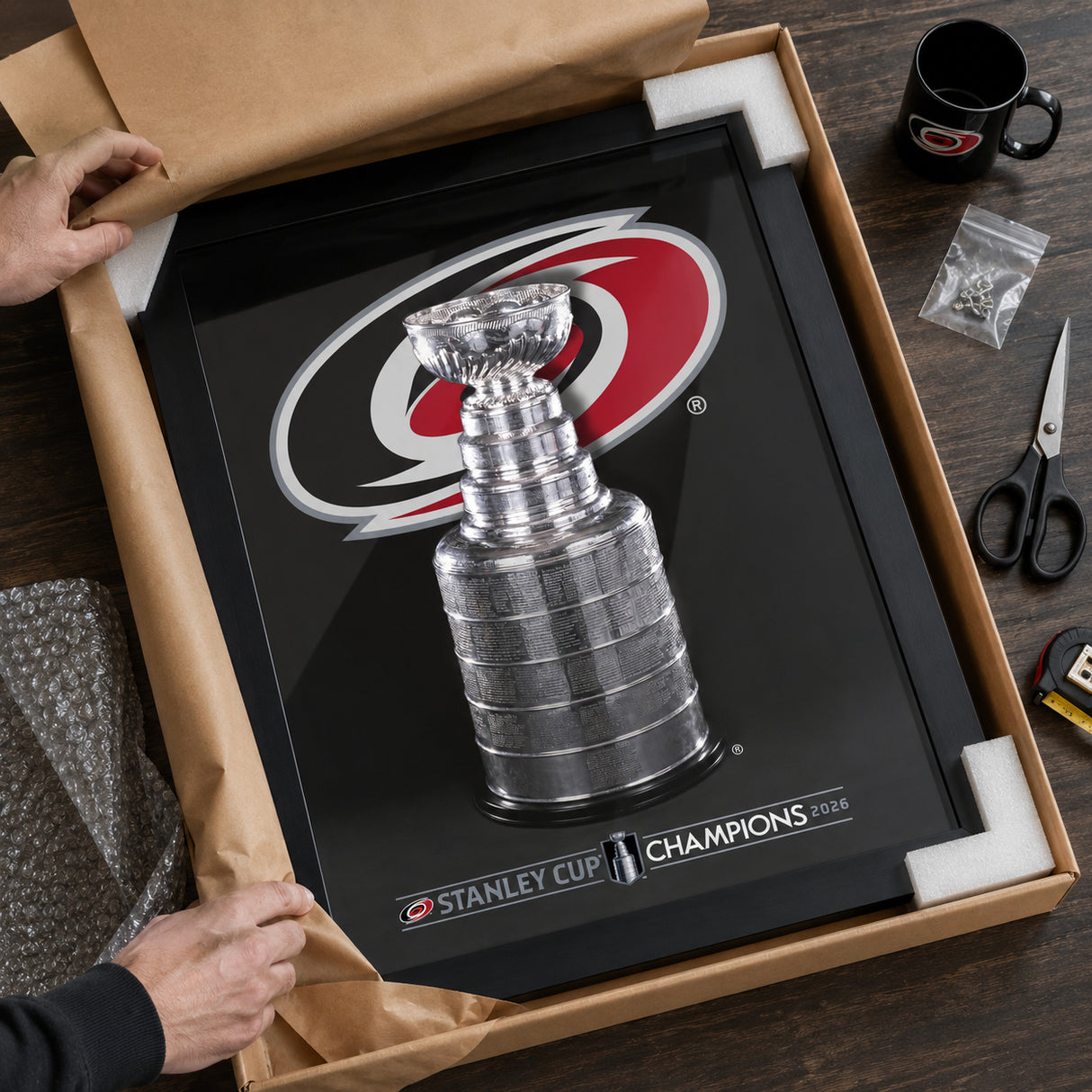 Carolina Hurricanes 16x20 Frame 2026 Stanley Cup Champions - unboxing lifestyle image