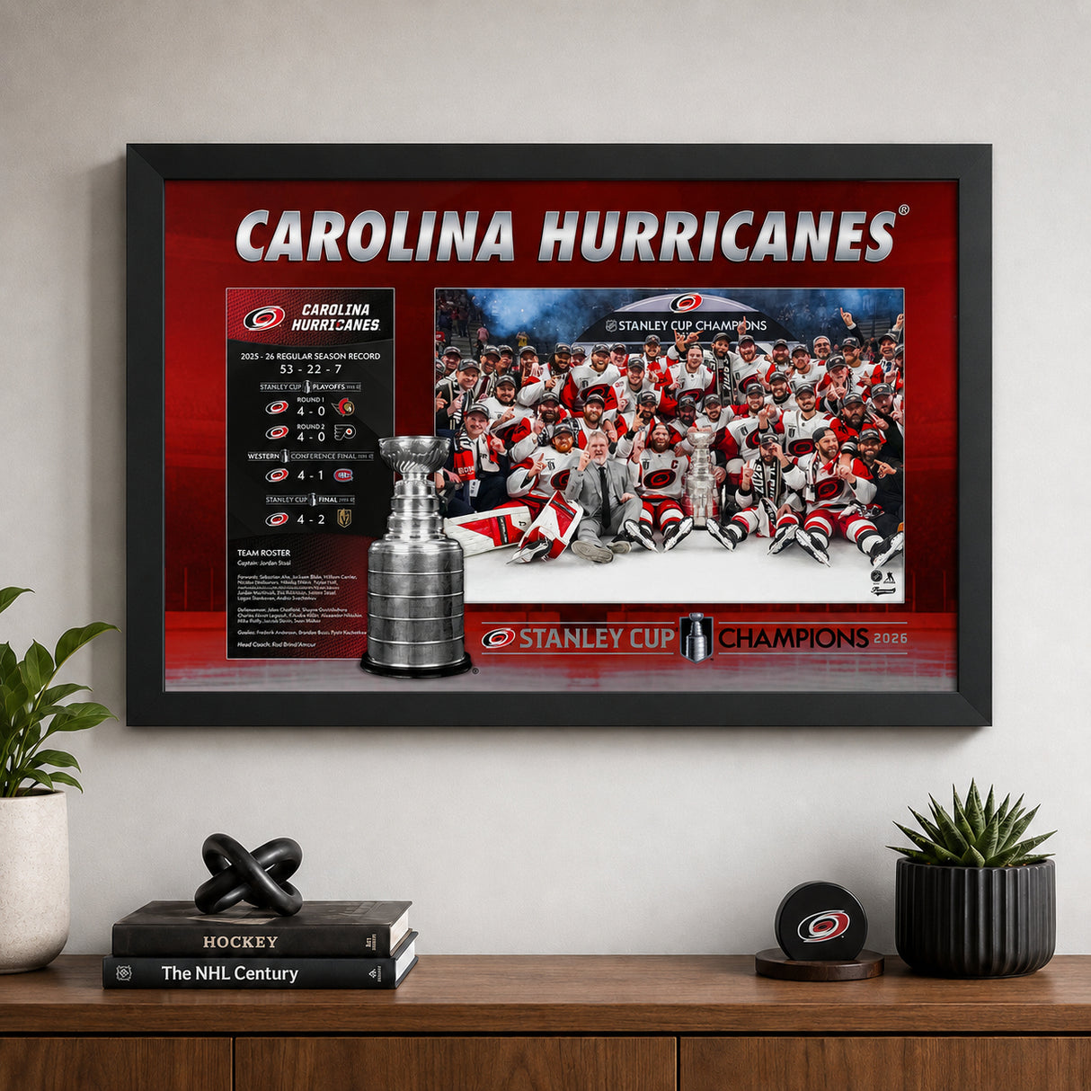 Carolina Hurricanes 16x24 Frame 2026 Stanley Cup Champions Stats - room wall lifestyle image