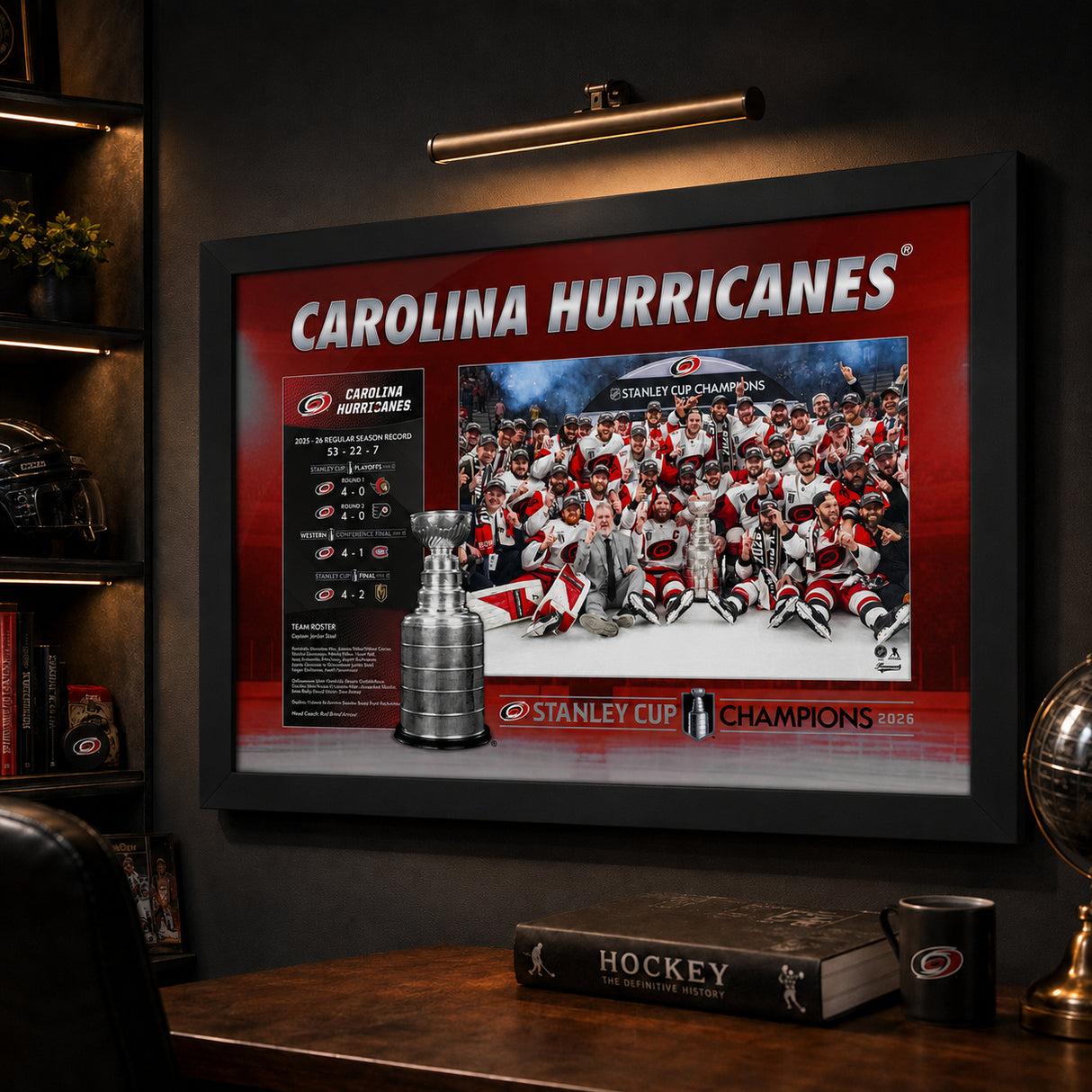 Carolina Hurricanes 16x24 Frame 2026 Stanley Cup Champions Stats - display wall lifestyle image