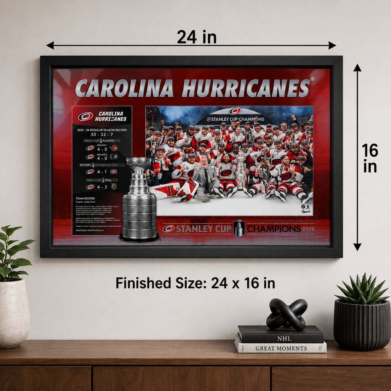 Carolina Hurricanes 16x24 Frame 2026 Stanley Cup Champions Stats - finished size infographic