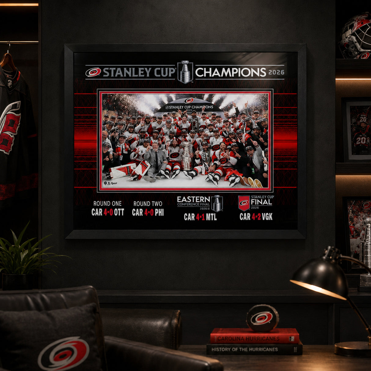 Carolina Hurricanes 16x20 Frame 2026 Stanley Cup Champions Team Celebration - display wall lifestyle image
