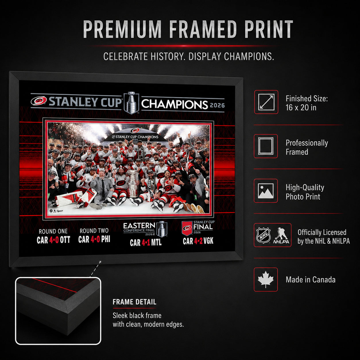 Carolina Hurricanes 16x20 Frame 2026 Stanley Cup Champions Team Celebration - finished size infographic