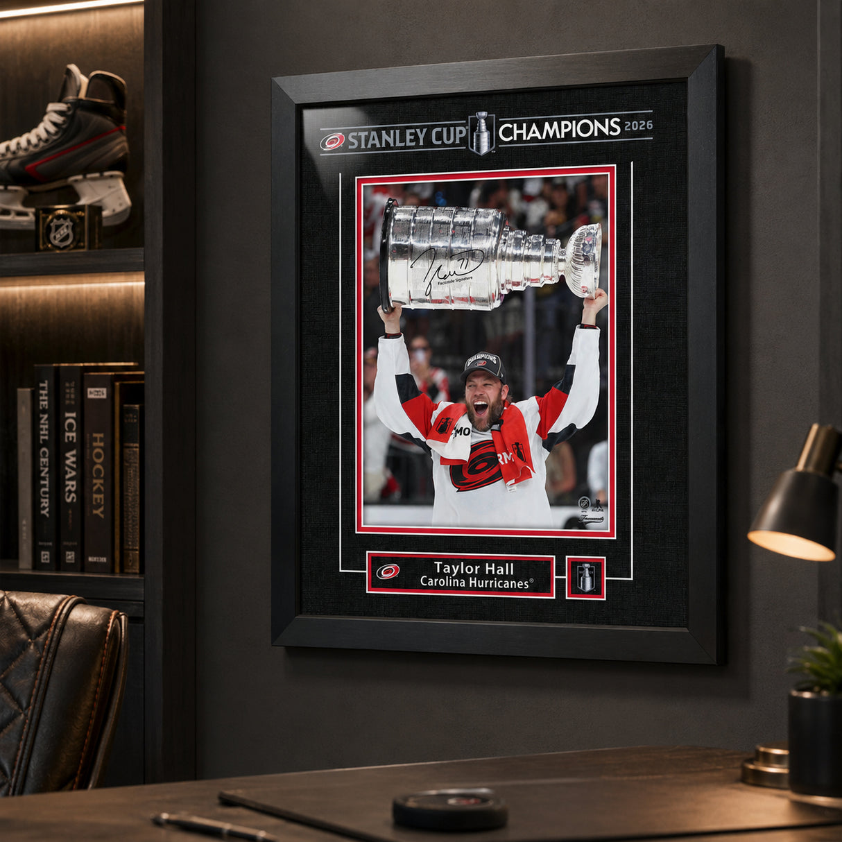 Taylor Hall 16x20 Replica Signature Frame Carolina Hurricanes 2026 Stanley Cup Champions - display wall lifestyle image