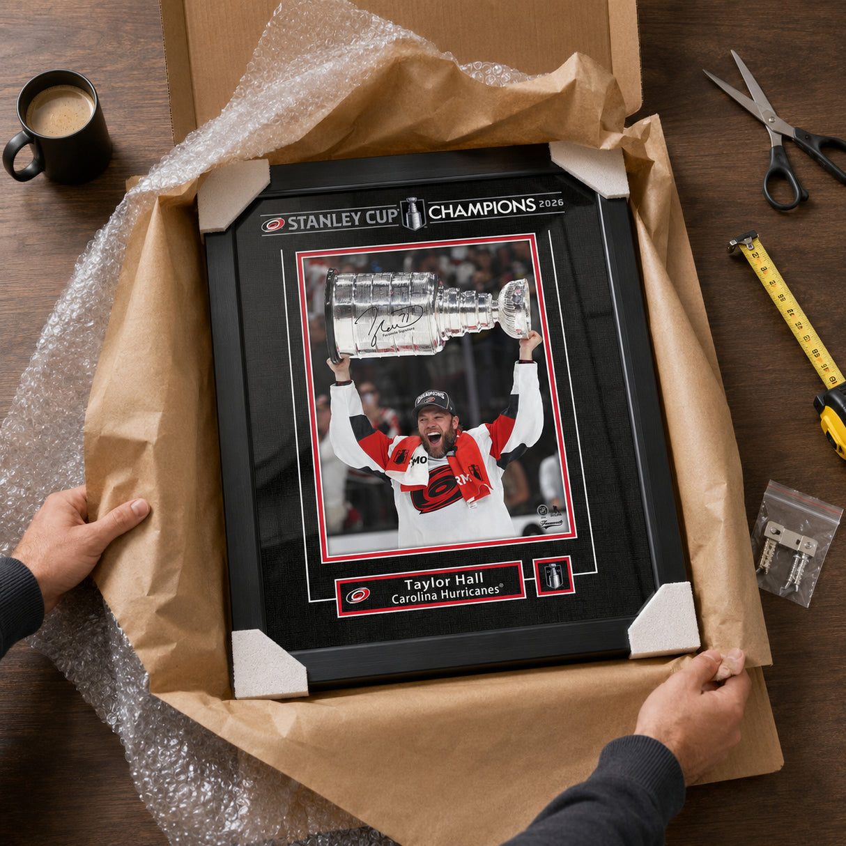 Taylor Hall 16x20 Replica Signature Frame Carolina Hurricanes 2026 Stanley Cup Champions - unboxing lifestyle image