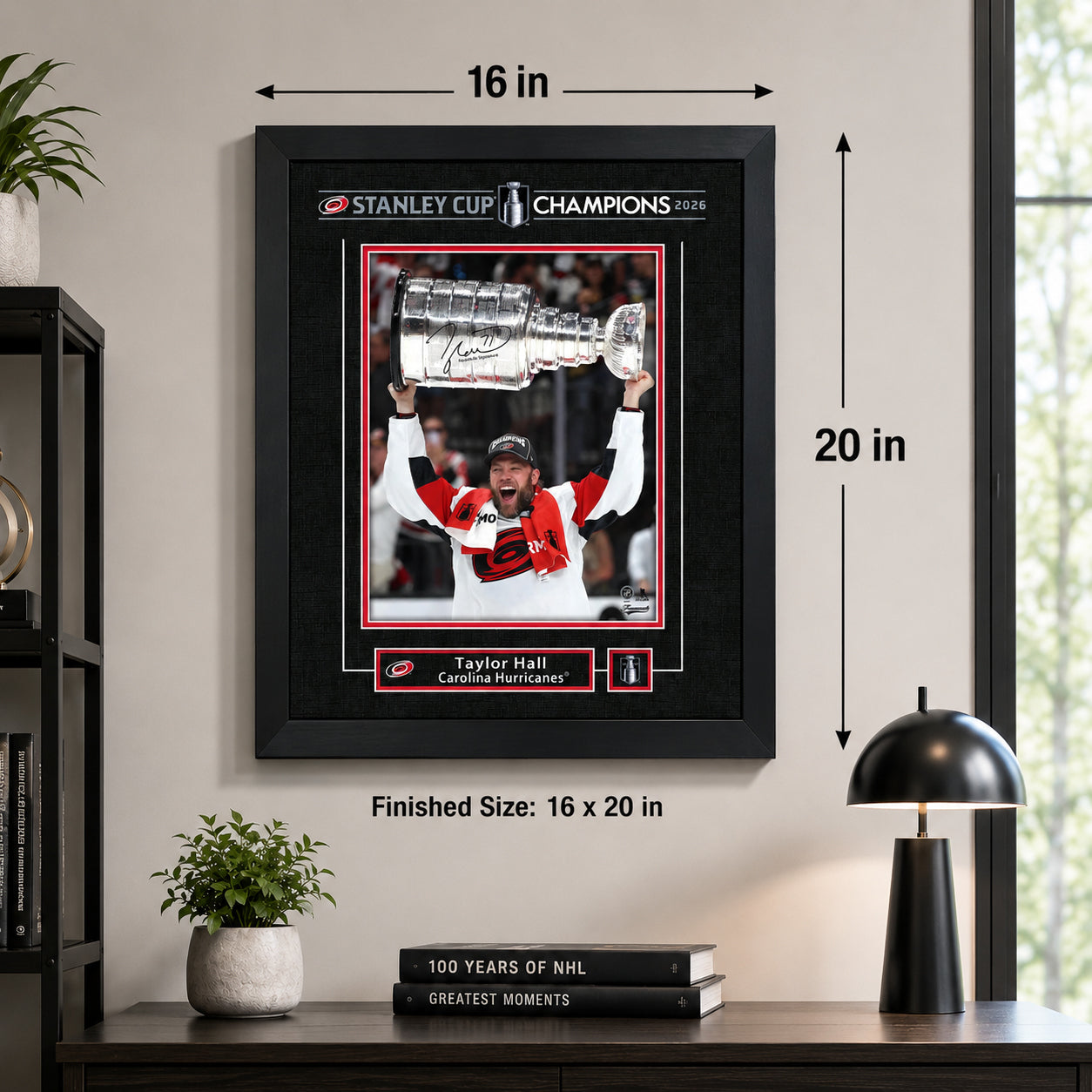 Taylor Hall 16x20 Replica Signature Frame Carolina Hurricanes 2026 Stanley Cup Champions - finished size infographic