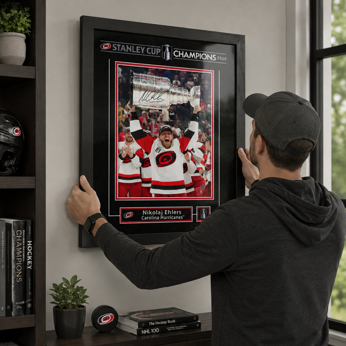 Nikolaj Ehlers 16x20 Replica Signature Frame Carolina Hurricanes 2026 Stanley Cup Champions - hanging installation lifestyle image