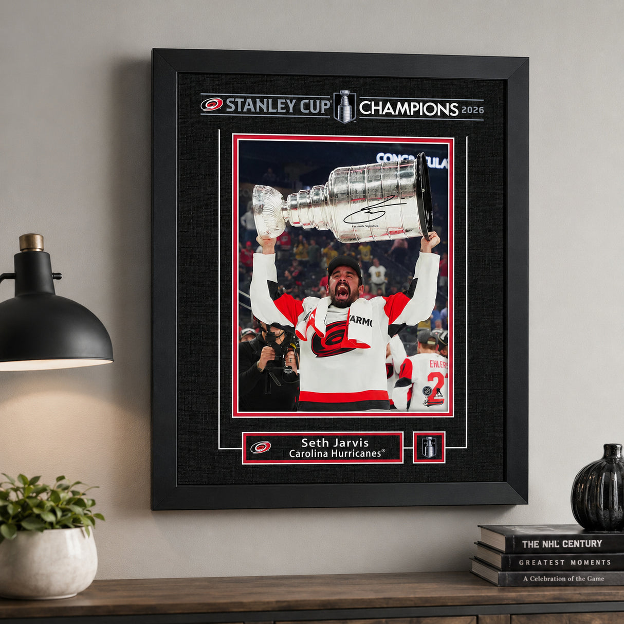 Seth Jarvis 16x20 Replica Signature Frame Carolina Hurricanes 2026 Stanley Cup Champions - room wall lifestyle image