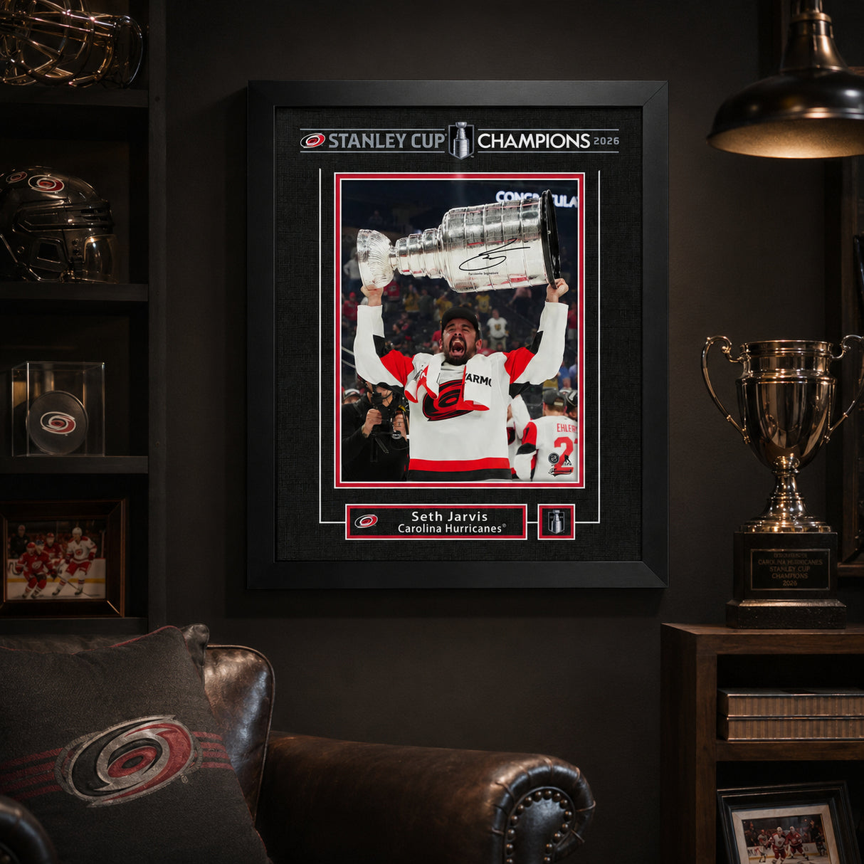 Seth Jarvis 16x20 Replica Signature Frame Carolina Hurricanes 2026 Stanley Cup Champions - display wall lifestyle image