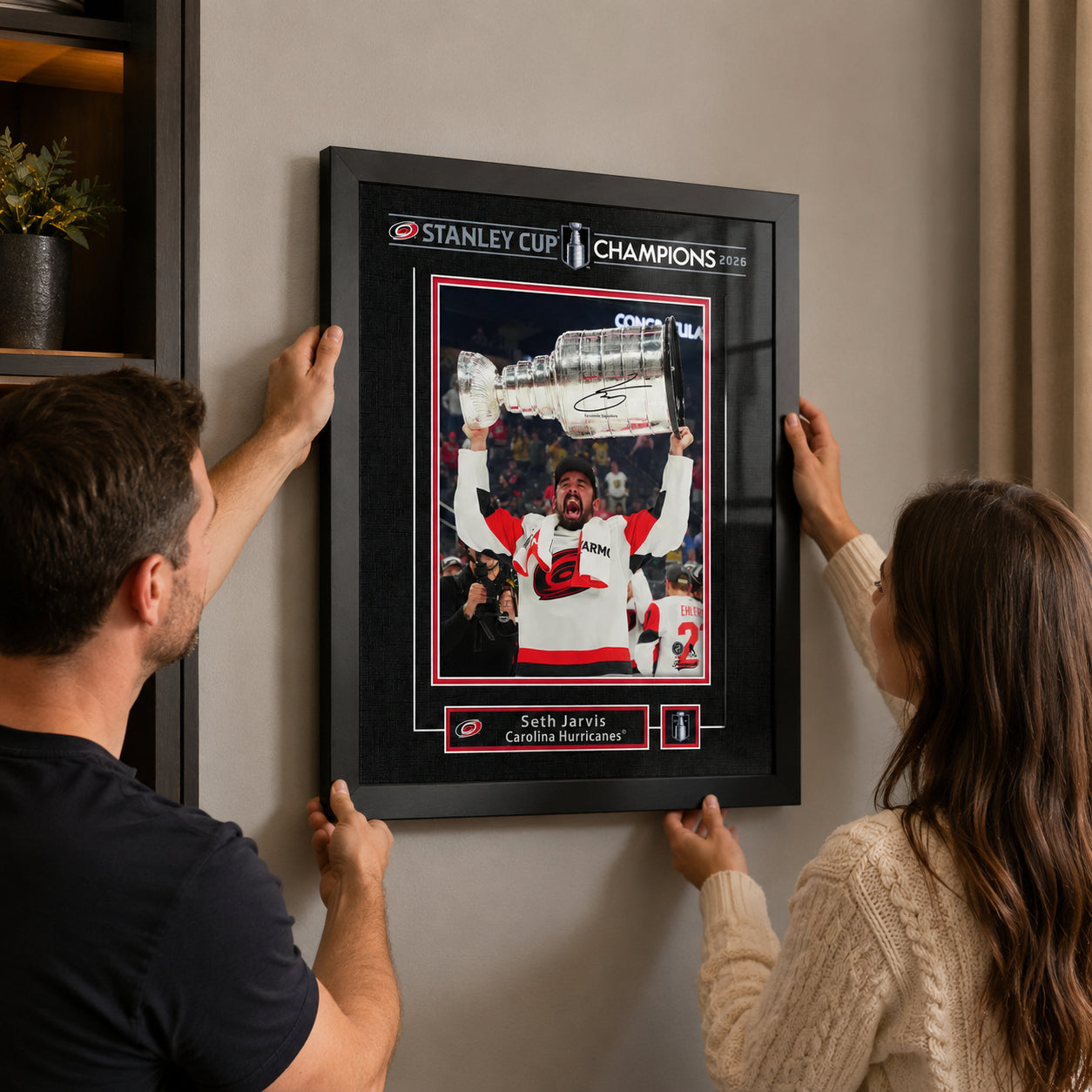 Seth Jarvis 16x20 Replica Signature Frame Carolina Hurricanes 2026 Stanley Cup Champions - hanging installation lifestyle image
