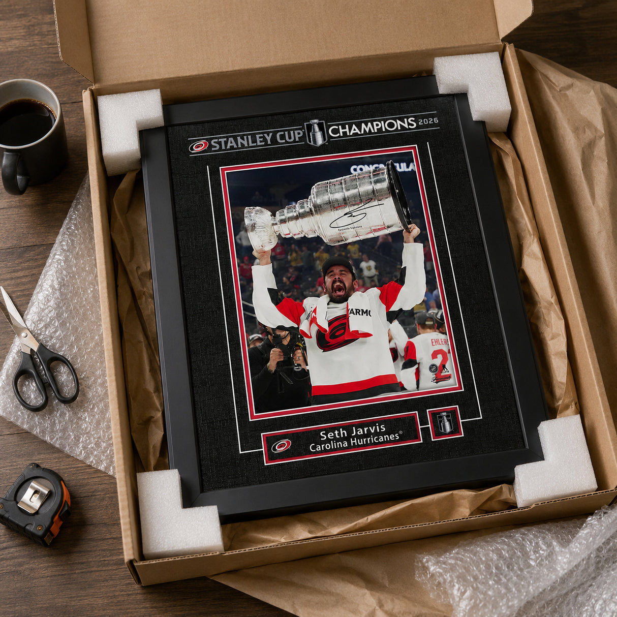 Seth Jarvis 16x20 Replica Signature Frame Carolina Hurricanes 2026 Stanley Cup Champions - unboxing lifestyle image