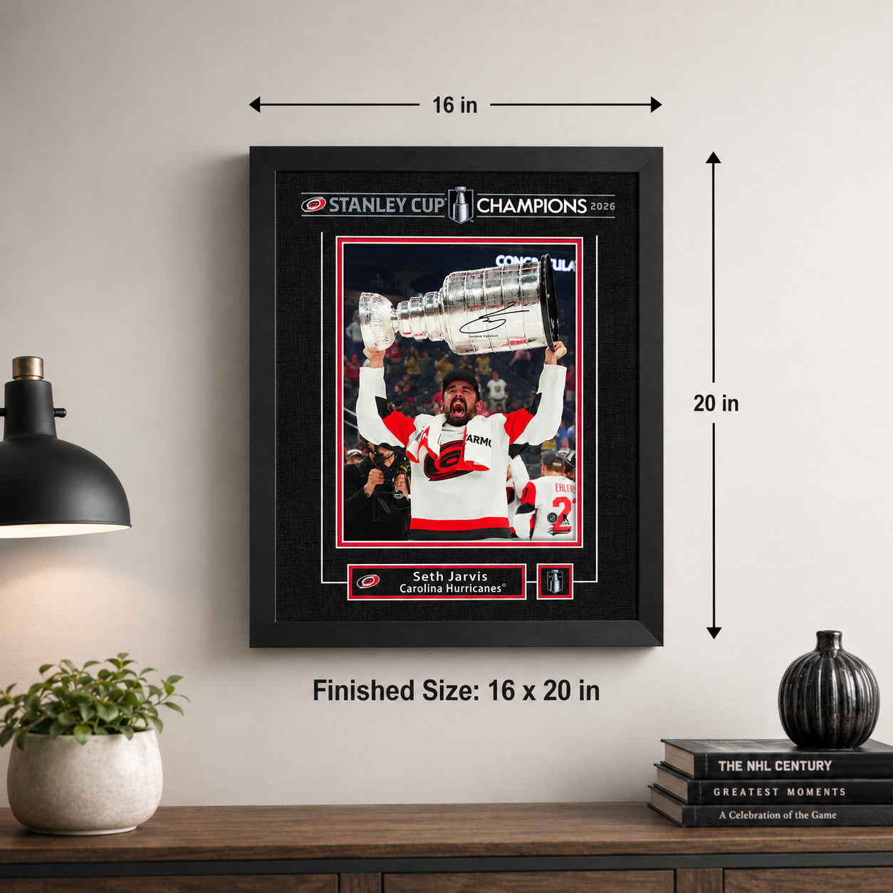 Seth Jarvis 16x20 Replica Signature Frame Carolina Hurricanes 2026 Stanley Cup Champions - finished size infographic