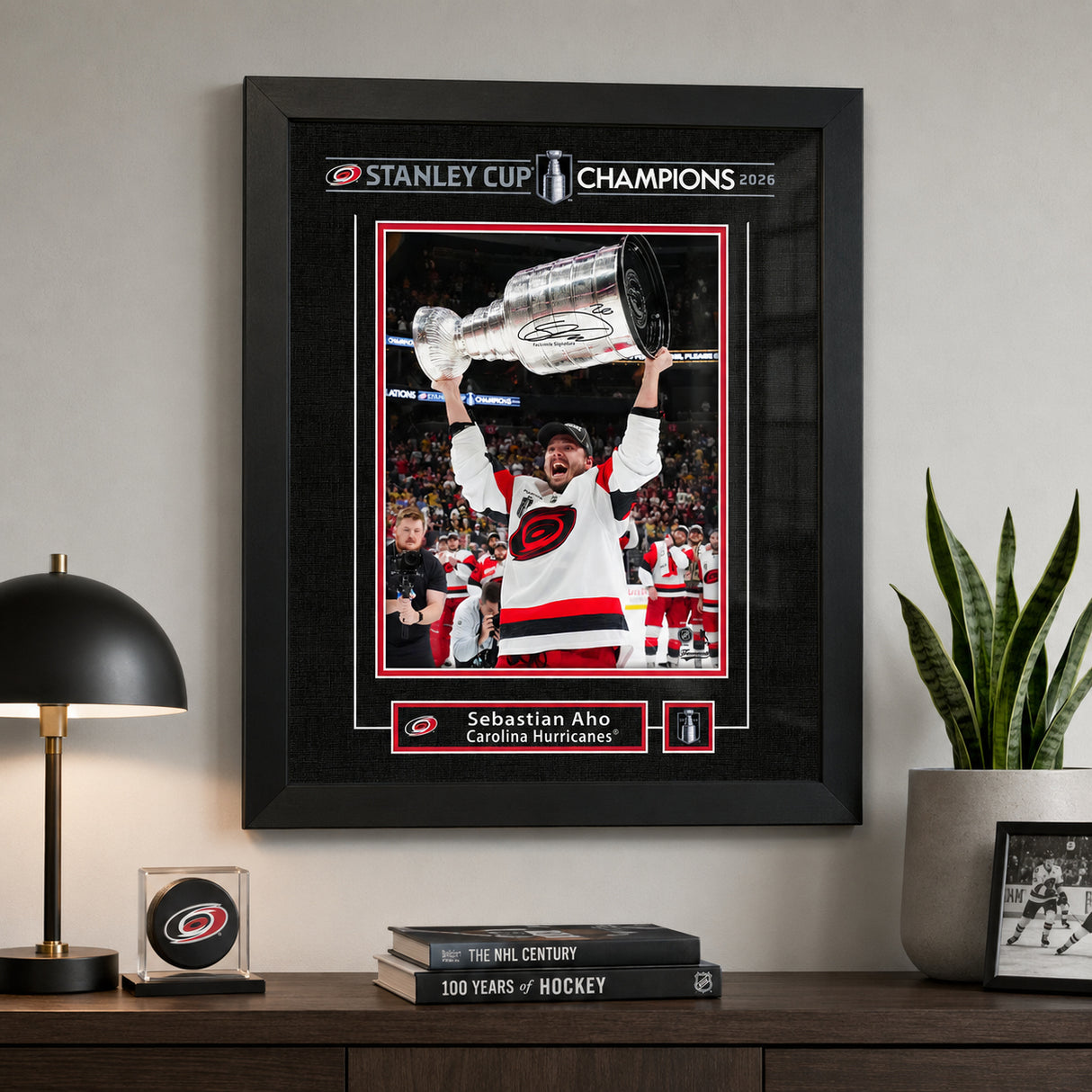 Sebastian Aho 16x20 Replica Signature Frame Carolina Hurricanes 2026 Stanley Cup Champions - room wall lifestyle image