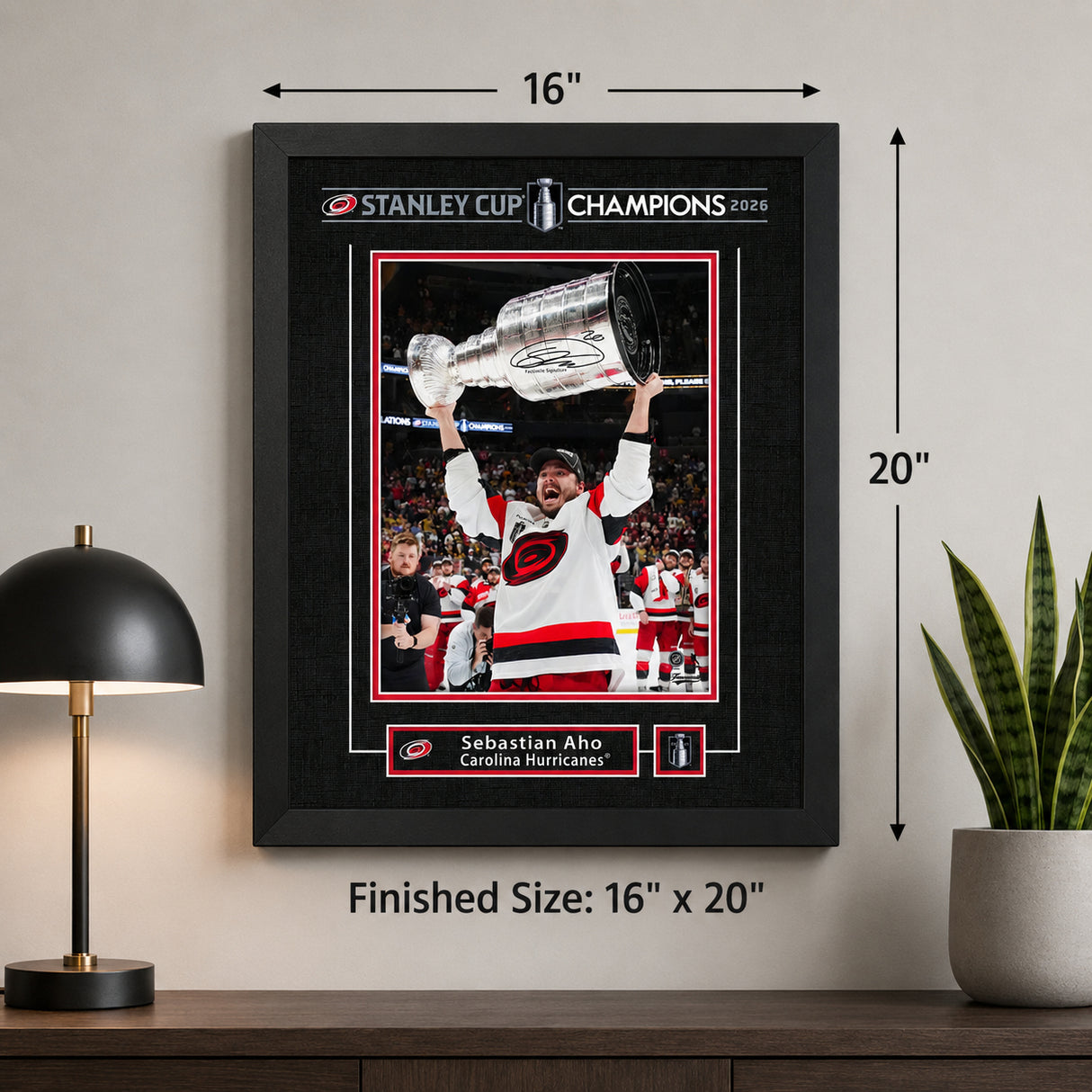 Sebastian Aho 16x20 Replica Signature Frame Carolina Hurricanes 2026 Stanley Cup Champions - unboxing lifestyle image