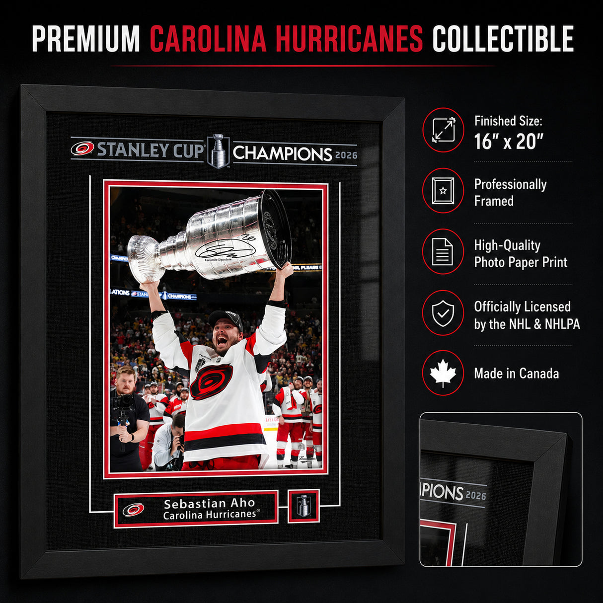 Sebastian Aho 16x20 Replica Signature Frame Carolina Hurricanes 2026 Stanley Cup Champions - finished size infographic