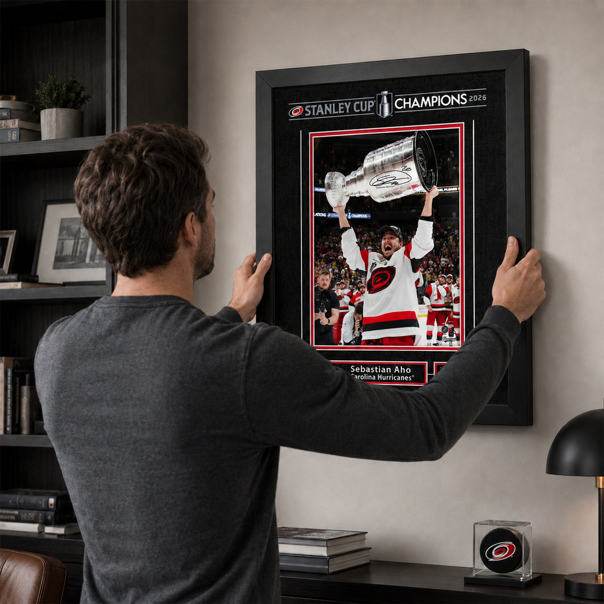 Sebastian Aho 16x20 Replica Signature Frame Carolina Hurricanes 2026 Stanley Cup Champions - feature details infographic