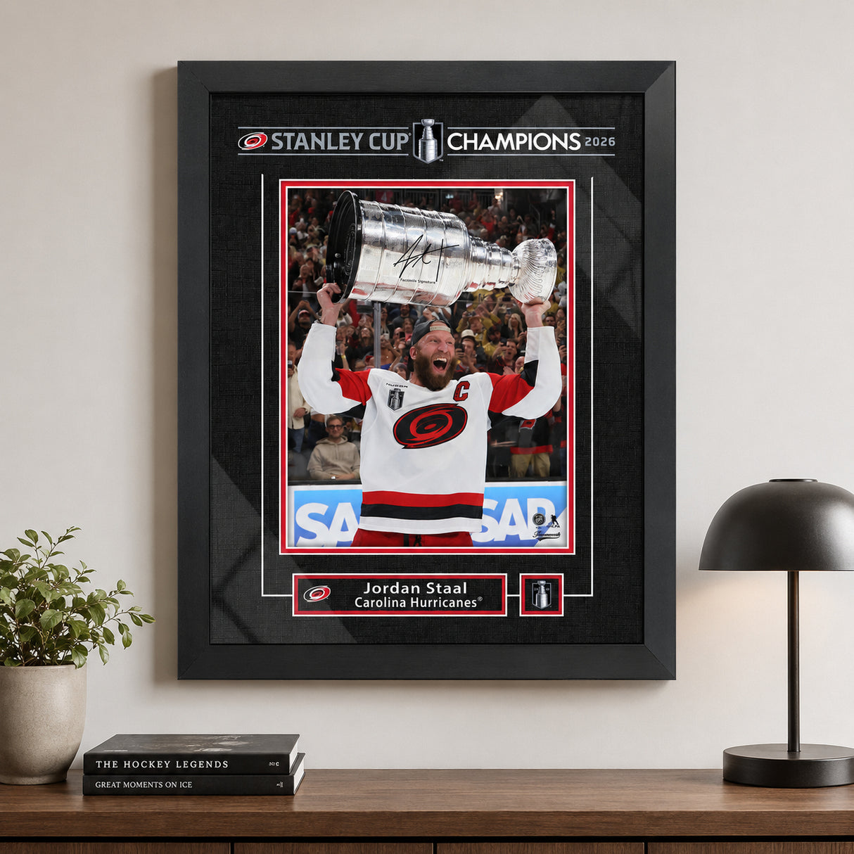 Jordan Staal 16x20 Replica Signature Frame Carolina Hurricanes 2026 Stanley Cup Champions - room wall lifestyle image