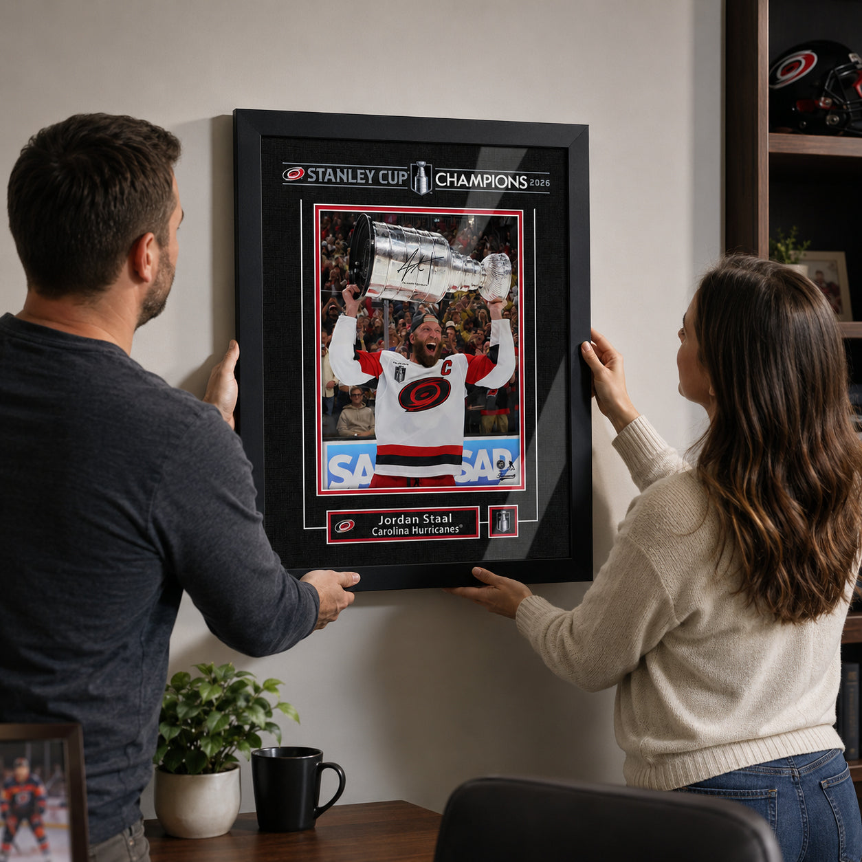 Jordan Staal 16x20 Replica Signature Frame Carolina Hurricanes 2026 Stanley Cup Champions - hanging installation lifestyle image
