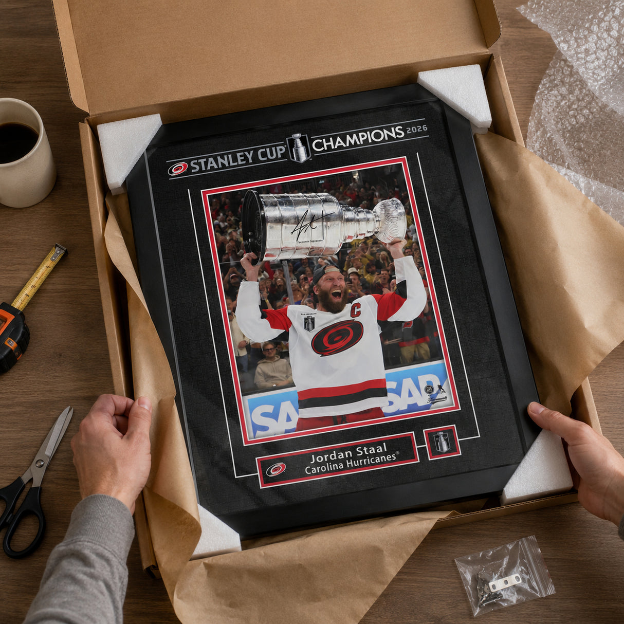 Jordan Staal 16x20 Replica Signature Frame Carolina Hurricanes 2026 Stanley Cup Champions - unboxing lifestyle image