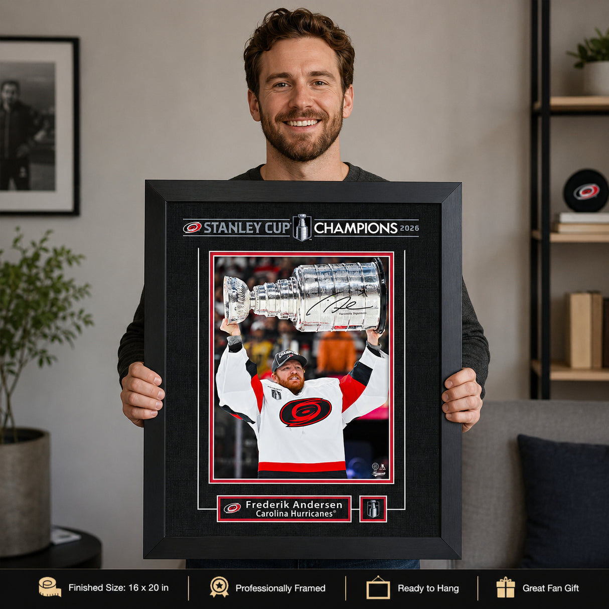 Frederik Andersen 16x20 Replica Signature Frame Carolina Hurricanes 2026 Stanley Cup Champions - collector holding framed print image