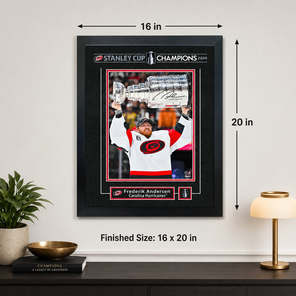 Frederik Andersen 16x20 Replica Signature Frame Carolina Hurricanes 2026 Stanley Cup Champions - unboxing lifestyle image
