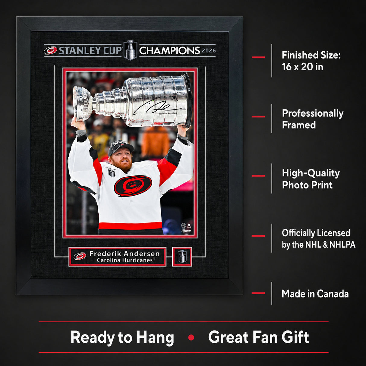 Frederik Andersen 16x20 Replica Signature Frame Carolina Hurricanes 2026 Stanley Cup Champions - finished size infographic