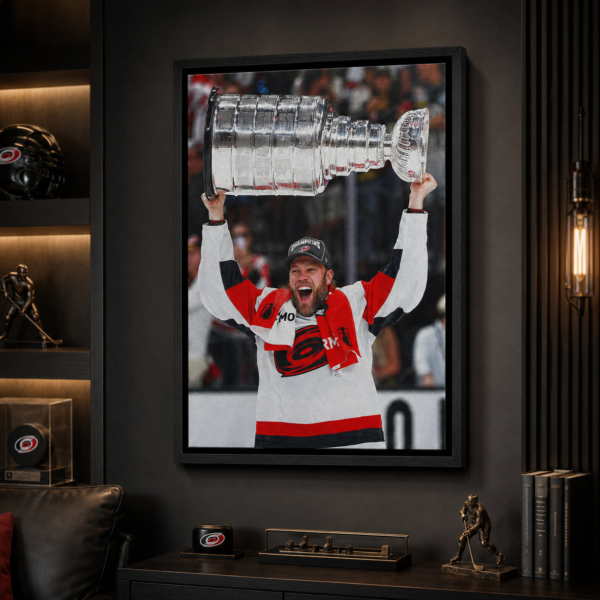 Taylor Hall 20x29 Framed Canvas Carolina Hurricanes 2026 Stanley Cup Champions - display wall lifestyle image