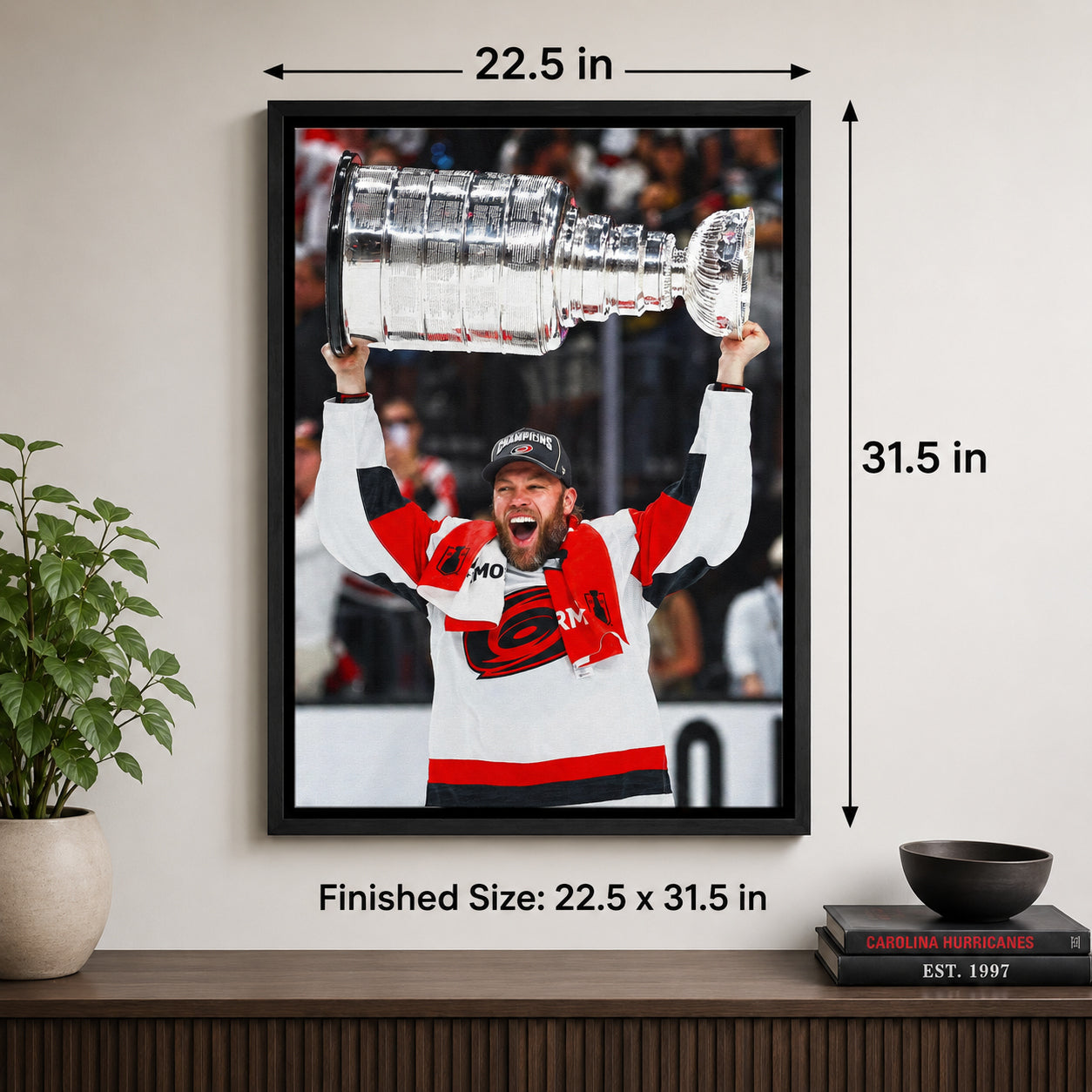 Taylor Hall 20x29 Framed Canvas Carolina Hurricanes 2026 Stanley Cup Champions - finished size infographic