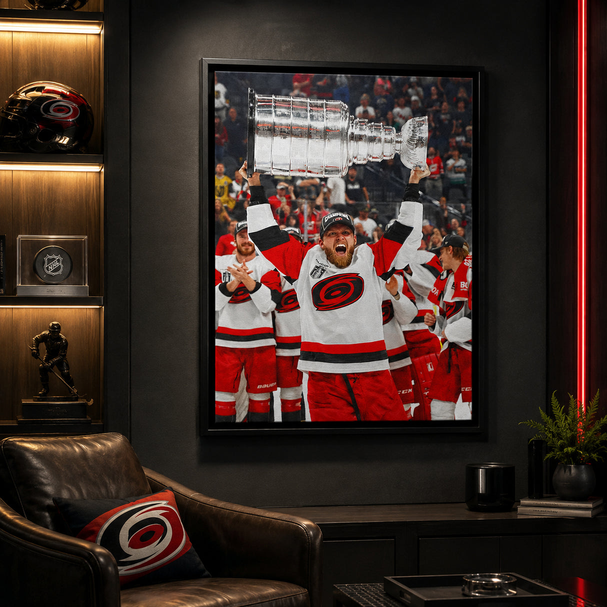 Nikolaj Ehlers 20x29 Framed Canvas Carolina Hurricanes 2026 Stanley Cup Champions - display wall lifestyle image